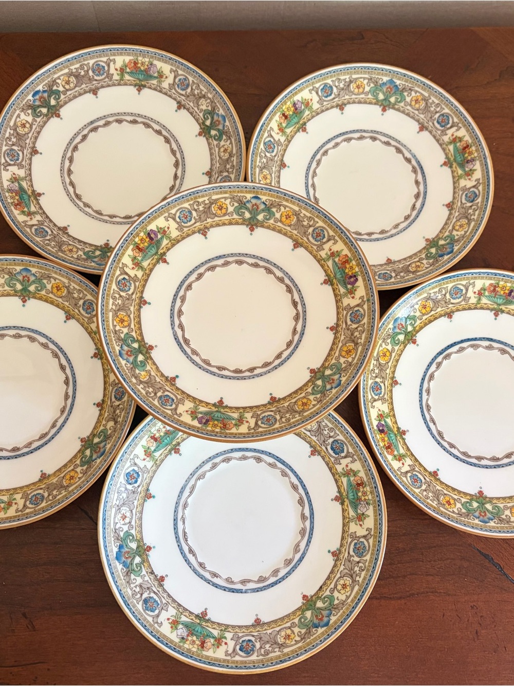 Vintage Plymouth pattern by Minton set of 6 saucers, England 1925, multicolored